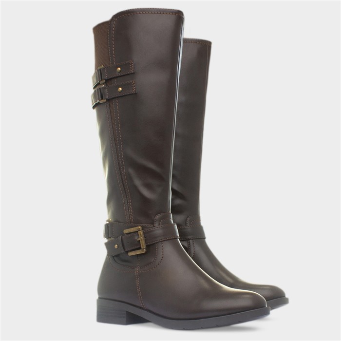 Womens Brown Buckle Knee High Zip Up Boot