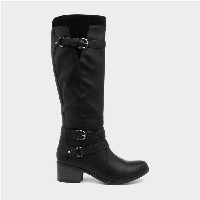 Womens Black Heeled Buckle Knee High Boot
