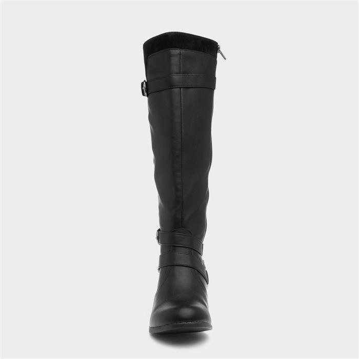 Womens Black Heeled Buckle Knee High Boot