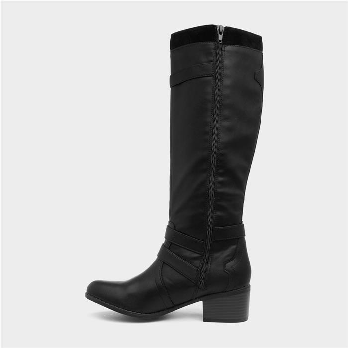 Womens Black Heeled Buckle Knee High Boot
