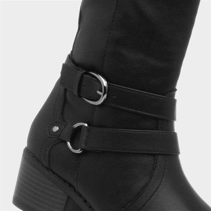 Womens Black Heeled Buckle Knee High Boot
