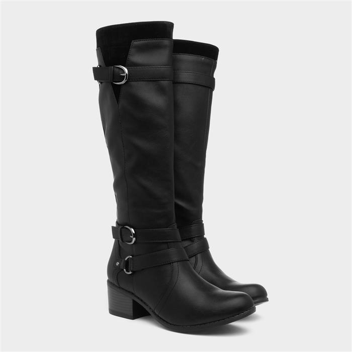 Womens Black Heeled Buckle Knee High Boot