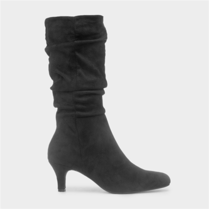 Womens Black Ruched Slouch Heeled Calf Boot