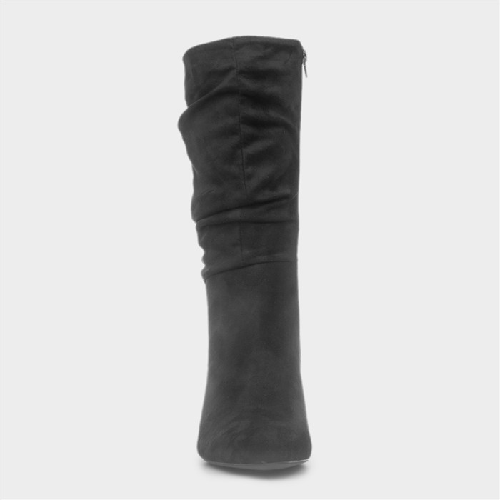 Womens Black Ruched Slouch Heeled Calf Boot