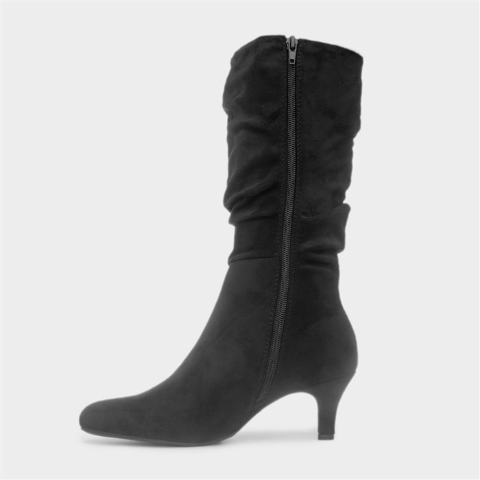 Womens Black Ruched Slouch Heeled Calf Boot