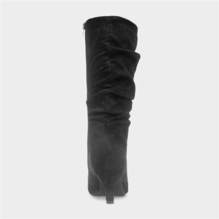 Womens Black Ruched Slouch Heeled Calf Boot