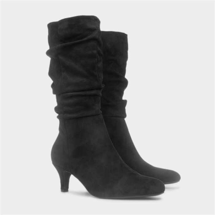 Womens Black Ruched Slouch Heeled Calf Boot