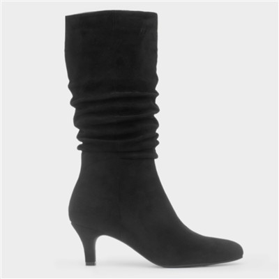 Womens Black Ruched Slouch Heeled Calf Boot