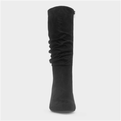Womens Black Ruched Slouch Heeled Calf Boot
