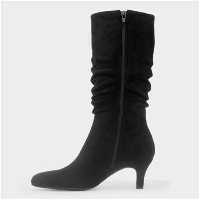 Womens Black Ruched Slouch Heeled Calf Boot