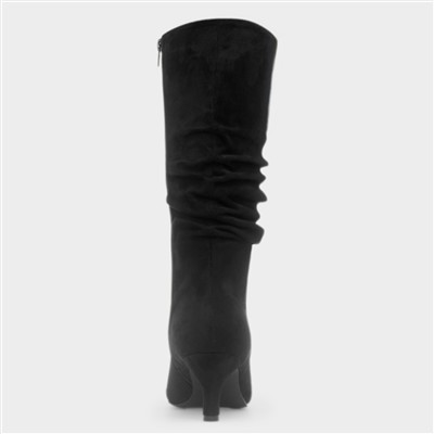 Womens Black Ruched Slouch Heeled Calf Boot