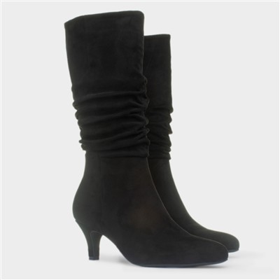 Womens Black Ruched Slouch Heeled Calf Boot