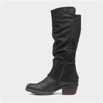 Womens Black Low Heel High Leg Boot