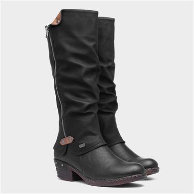 Womens Black Low Heel High Leg Boot