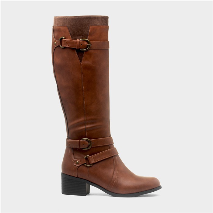 Womens Tan Heeled Buckle Knee High Boot