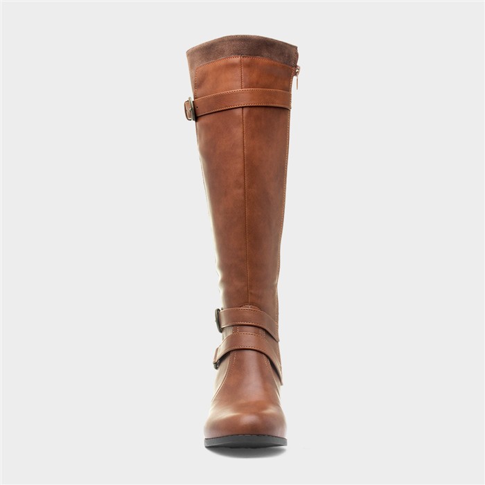 Womens Tan Heeled Buckle Knee High Boot