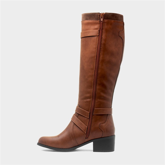 Womens Tan Heeled Buckle Knee High Boot