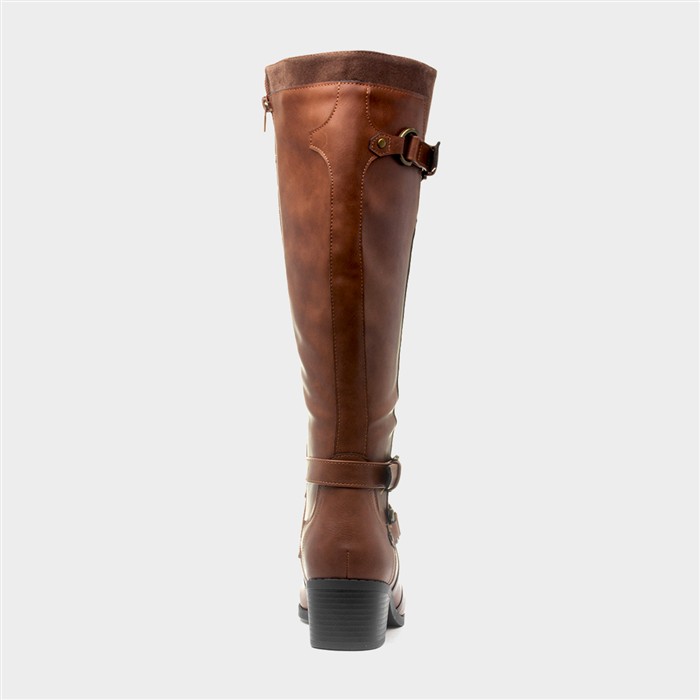 Womens Tan Heeled Buckle Knee High Boot