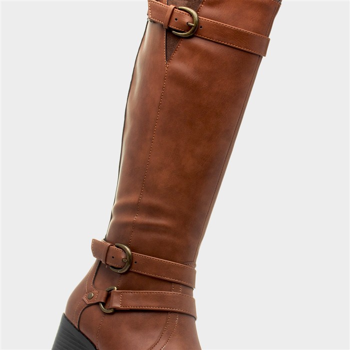 Womens Tan Heeled Buckle Knee High Boot