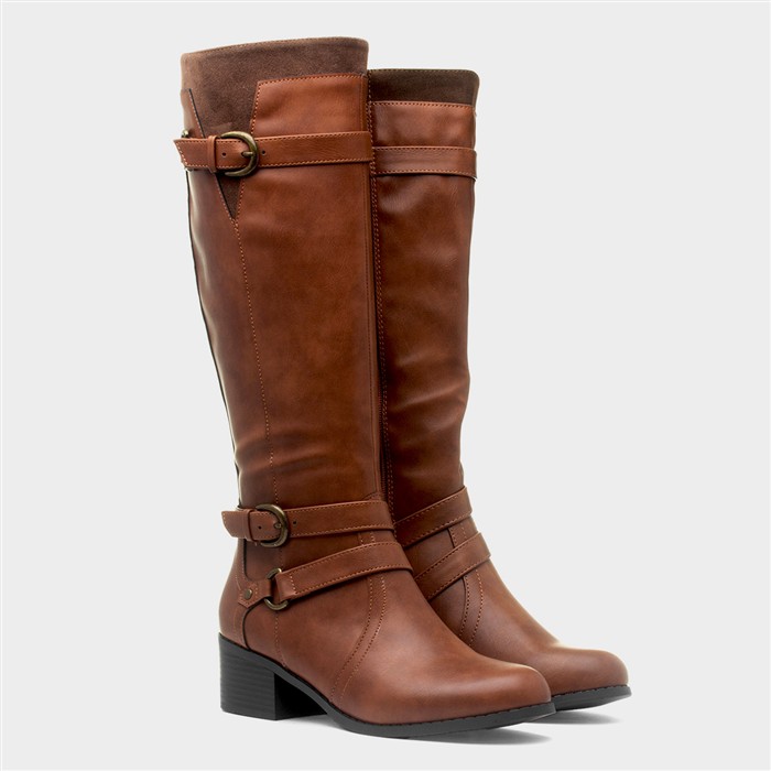 Womens Tan Heeled Buckle Knee High Boot
