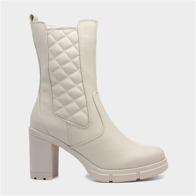 Womens Cream Quilted Heeled Boot