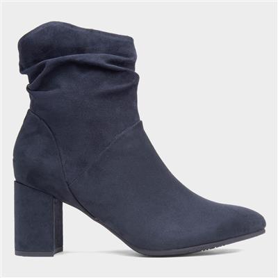 Womens Navy Ruched Heeled Ankle Boot
