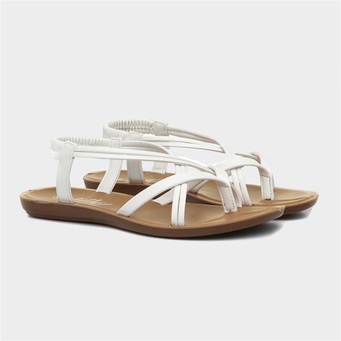 Womens White Flat Strappy Toe Post Sandal