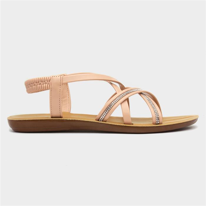 Womens Nude Diamante Strappy Slip On Sandal