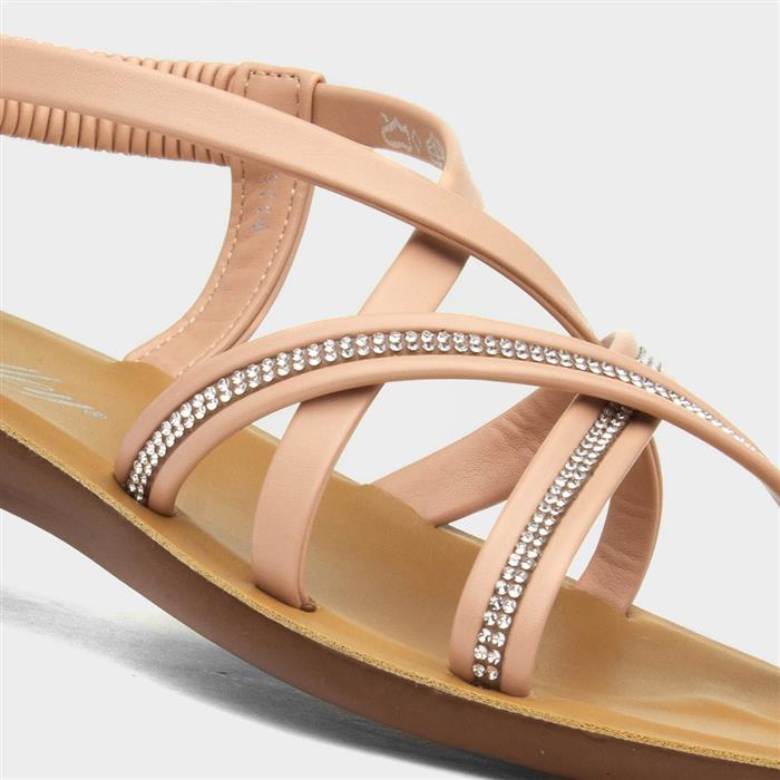 Womens Nude Diamante Strappy Slip On Sandal