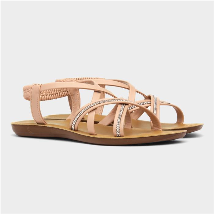Womens Nude Diamante Strappy Slip On Sandal