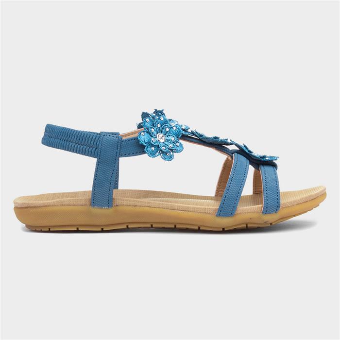 Womens Blue Flower Crochet T-Bar Sandal