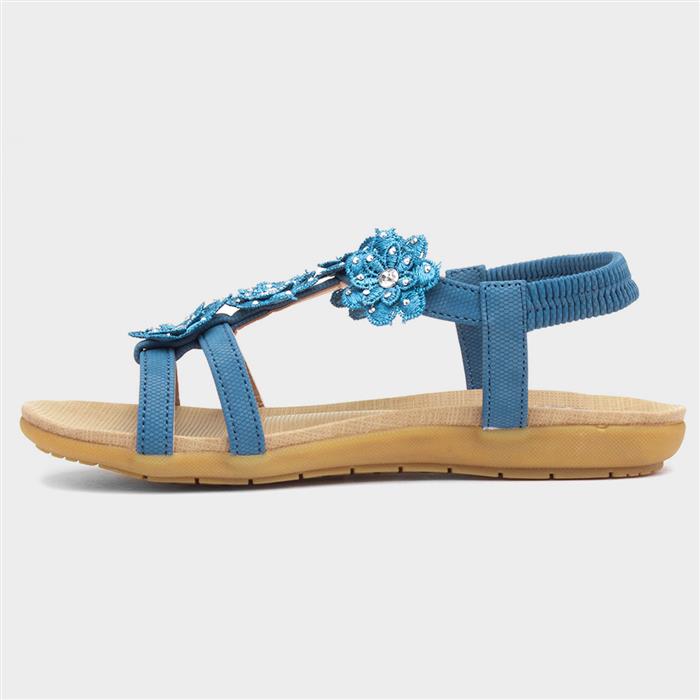 Womens Blue Flower Crochet T-Bar Sandal