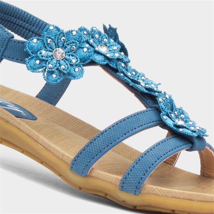 Womens Blue Flower Crochet T-Bar Sandal