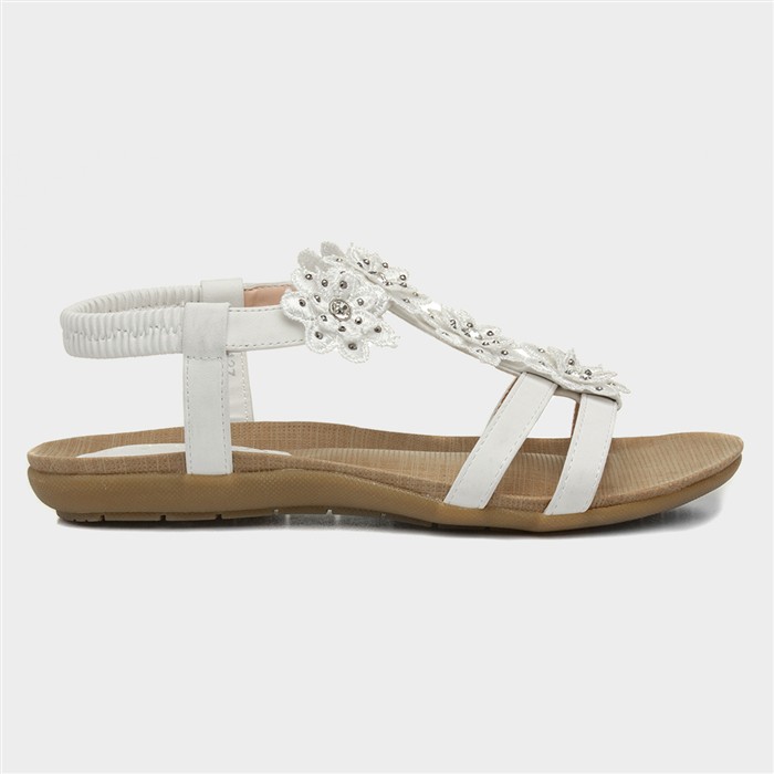 Womens White Flower Crochet T-Bar Sandal