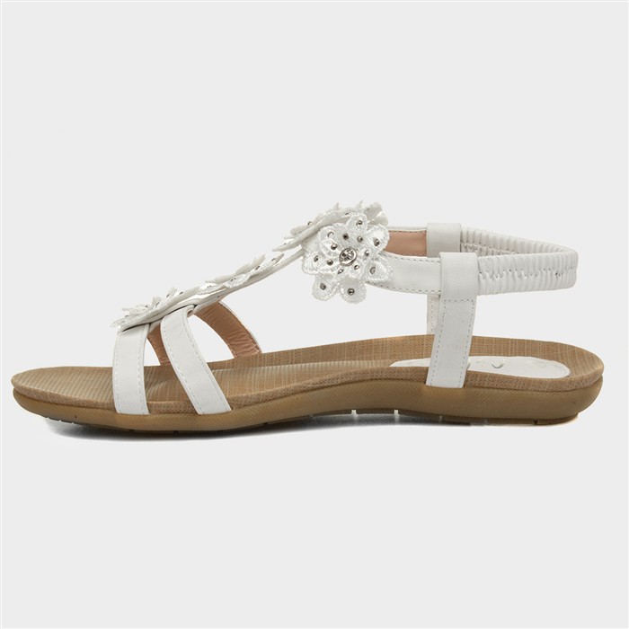 Womens White Flower Crochet T-Bar Sandal