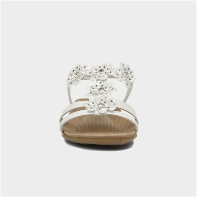 Womens White Flower Crochet T-Bar Sandal