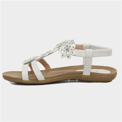 Womens White Flower Crochet T-Bar Sandal