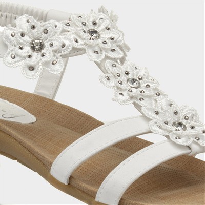 Womens White Flower Crochet T-Bar Sandal
