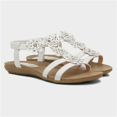Womens White Flower Crochet T-Bar Sandal