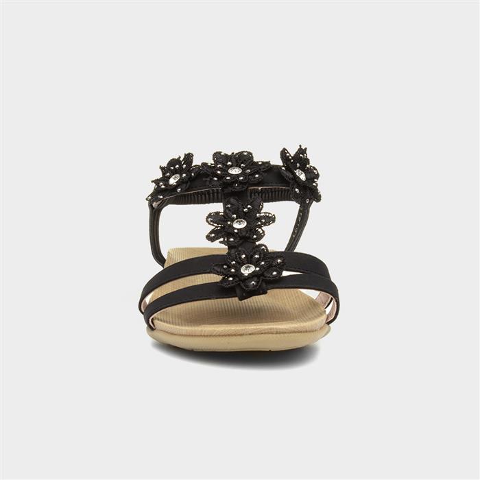 Womens Black Flower Crochet T-Bar Sandal