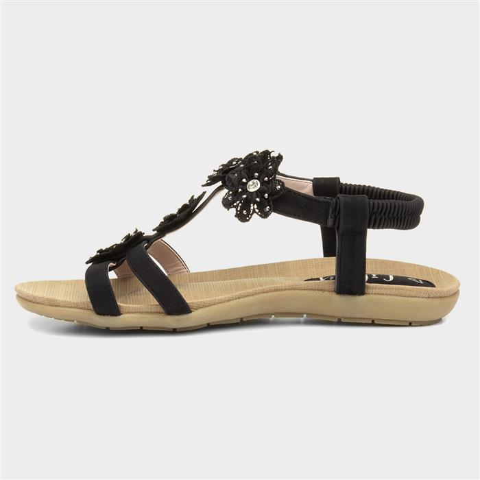 Womens Black Flower Crochet T-Bar Sandal