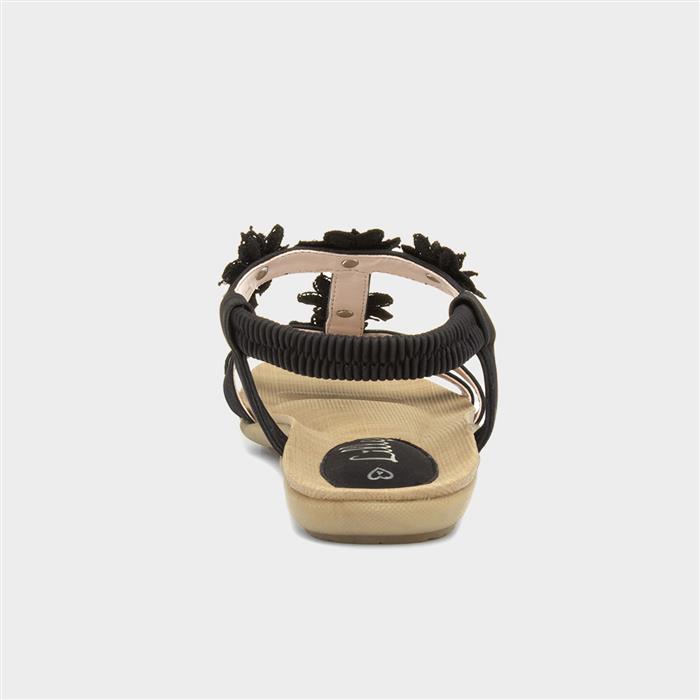 Womens Black Flower Crochet T-Bar Sandal