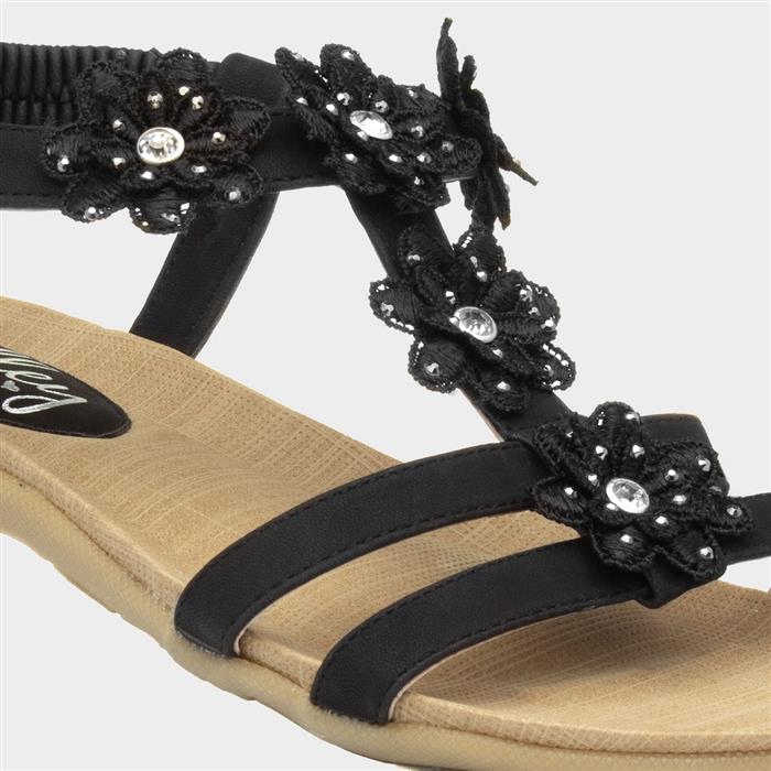 Womens Black Flower Crochet T-Bar Sandal