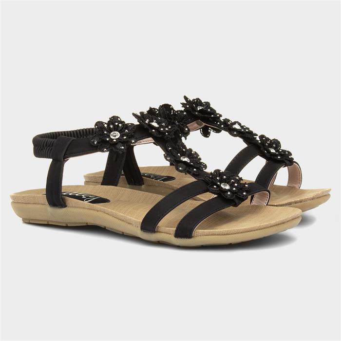 Womens Black Flower Crochet T-Bar Sandal