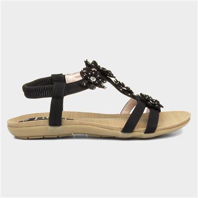 Womens Black Flower Crochet Flat Sandal