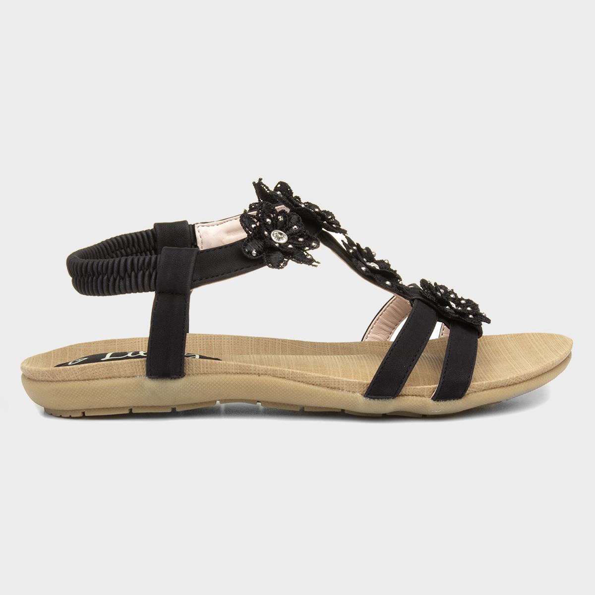 Lilley Womens Black Flower Crochet Flat Sandal-19131 | Shoe Zone