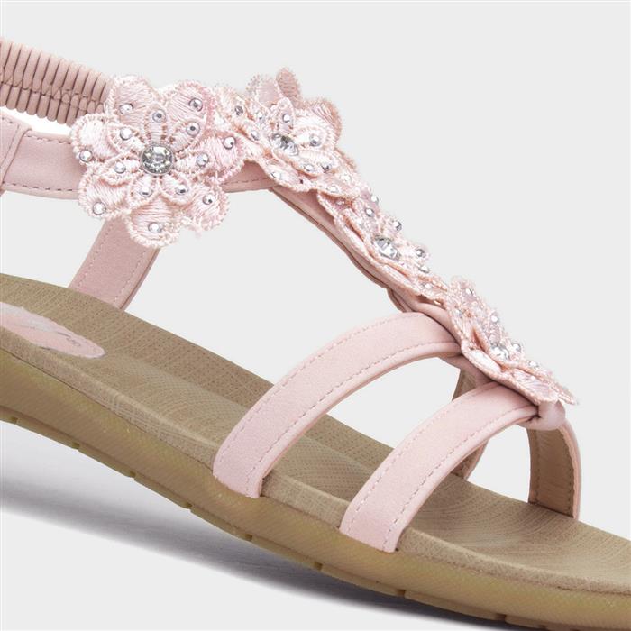 Womens Nude Flower Crochet T-Bar Sandal