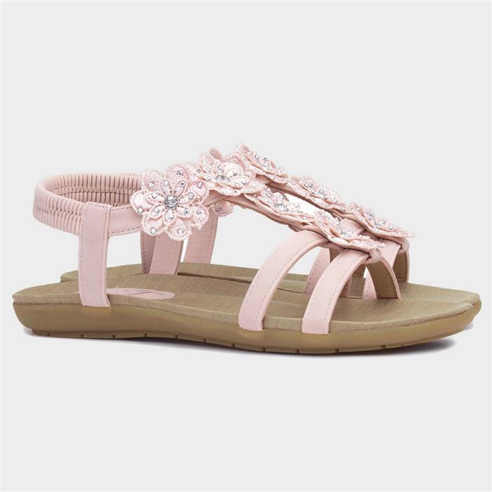 Womens Nude Flower Crochet T-Bar Sandal