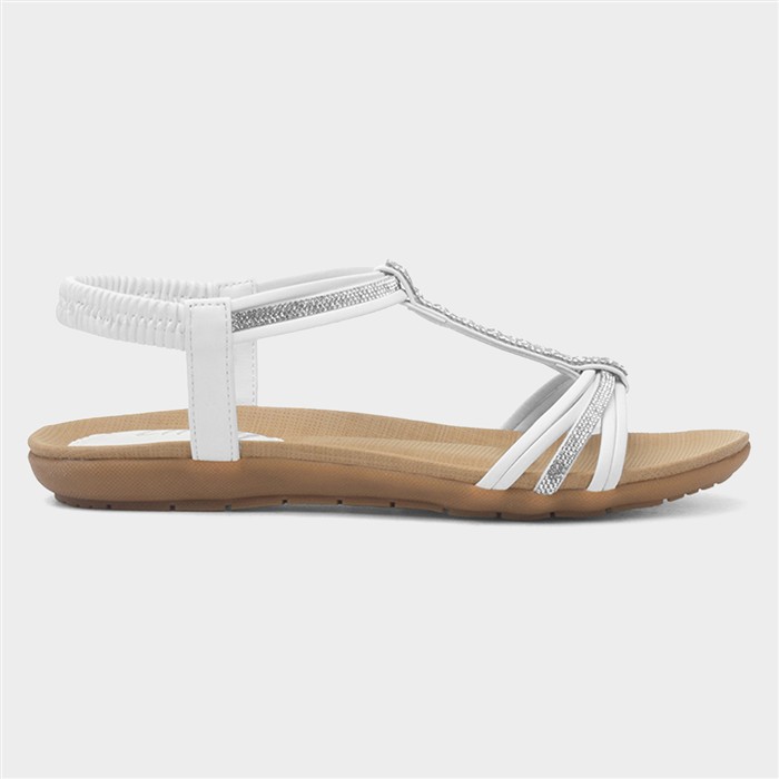 Womens White Strappy Diamante T-Bar Sandal