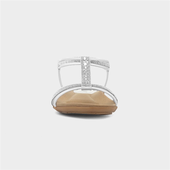 Womens White Strappy Diamante T-Bar Sandal